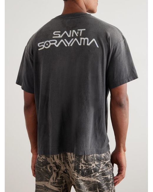 SAINT Mxxxxxx Gray Sorayama T-Rex Printed Distressed Cotton-Jersey T-Shirt for men
