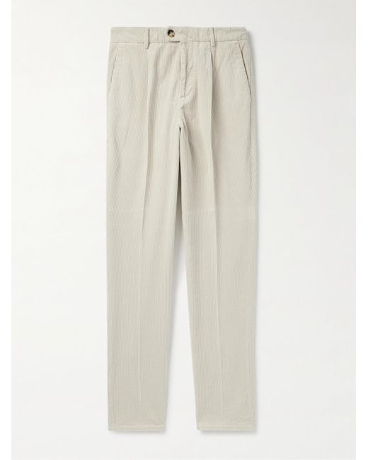 Brunello Cucinelli White Straight-Leg Pleated Cotton-Corduroy Trousers for men
