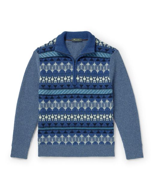 Loro Piana Blue Fair Isle Ribbed-knit Cashmere Half-zip Sweater for men