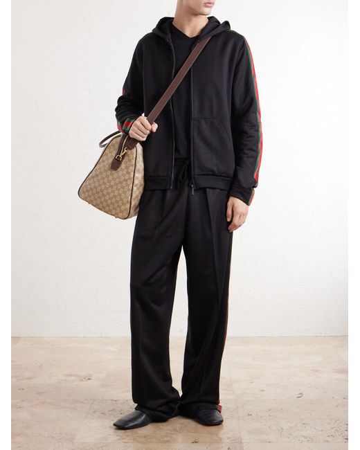 Gucci Black Webbing-Trimmed Silk And Cotton-Blend Trousers for men