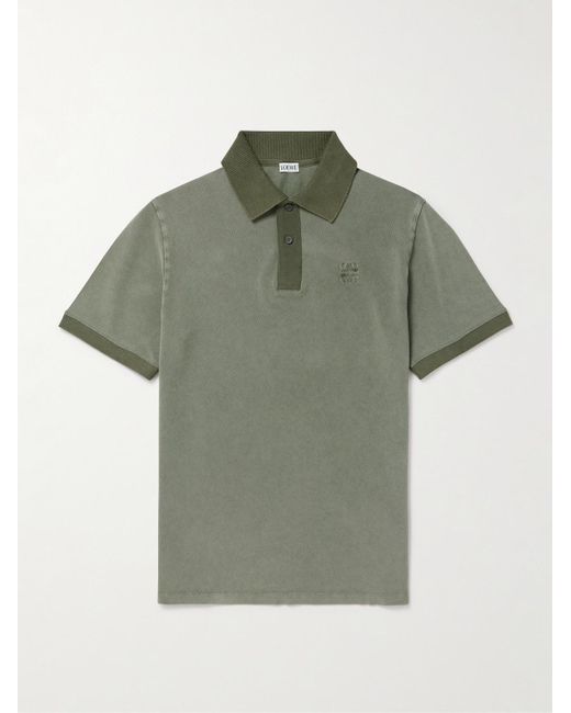 Loewe Green Slim-fit Logo-embroidered Distressed Cotton-piqué Polo Shirt for men