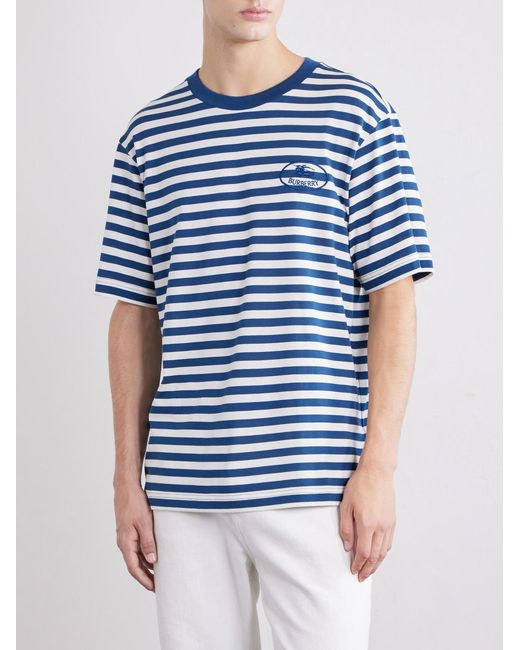 Burberry Blue Ryan Logo-Embroidered Striped Cotton-Blend Jersey T-Shirt for men