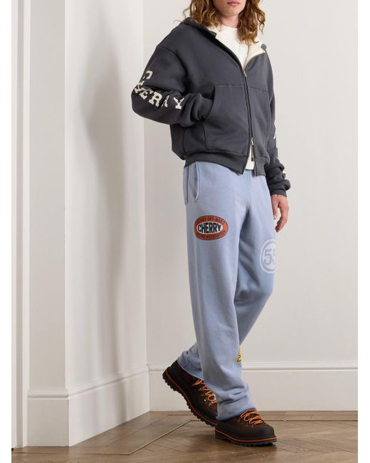 CHERRY LA Blue Straight-leg Appliquéd Printed Cotton-blend Jersey Sweatpants for men