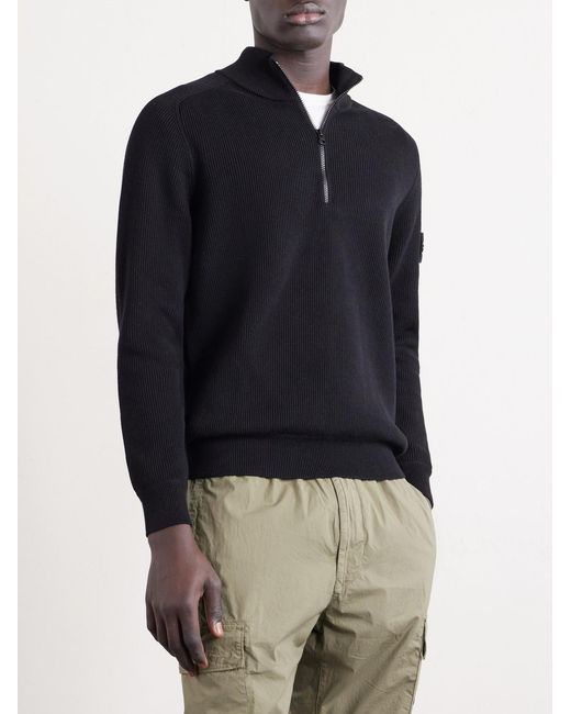 Stone Island Blue Ribbed-Knit Organic Cotton Half-Zip Sweater for men