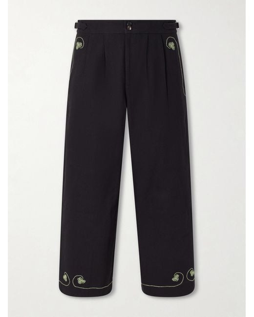 Bode Blue Lucky Draw Straight-leg Pleated Embroidered Cotton-twill Trousers for men