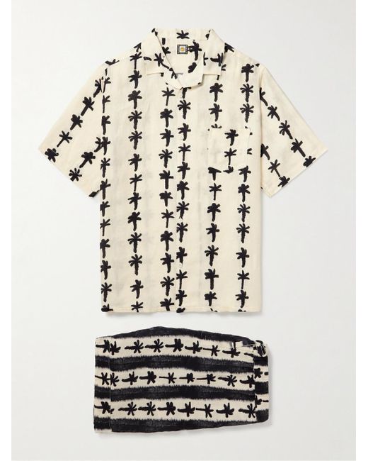 Desmond & Dempsey White Camp-collar Printed Linen Pyjama Set for men