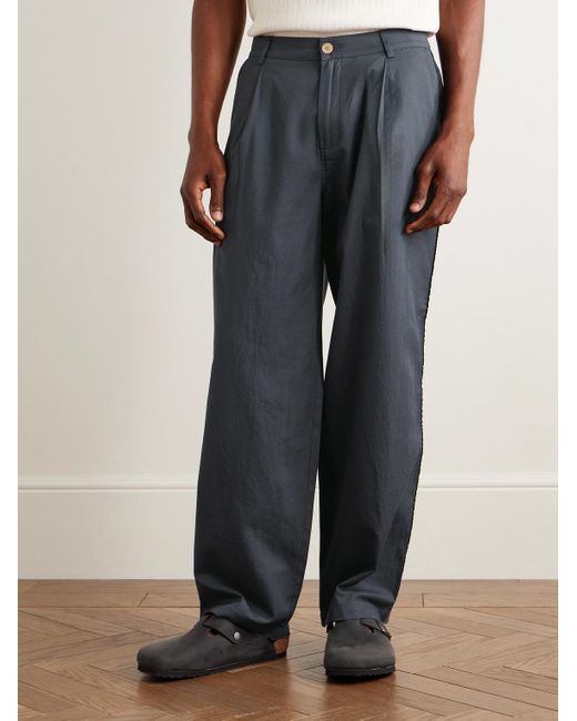 Folk Blue Anniversary Wide-Leg Pleated Cotton-Twill Trousers for men