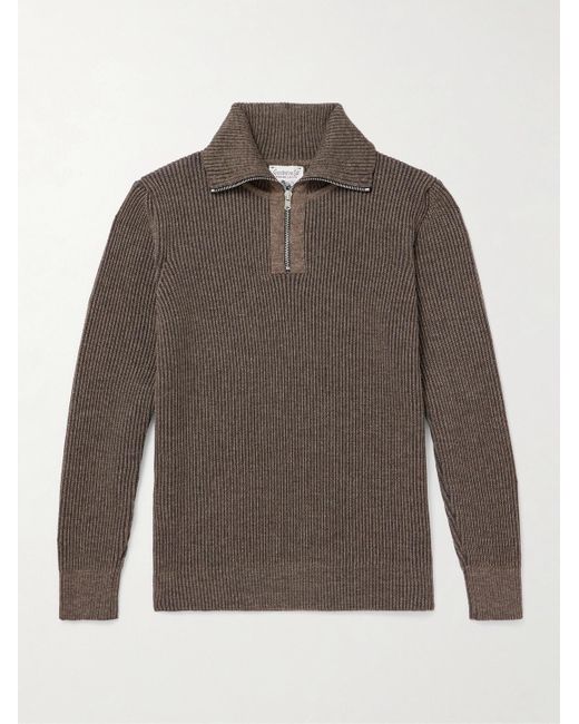 S.N.S Herning Brown Fender Iii Ribbed Wool Half-Zip Sweater for men
