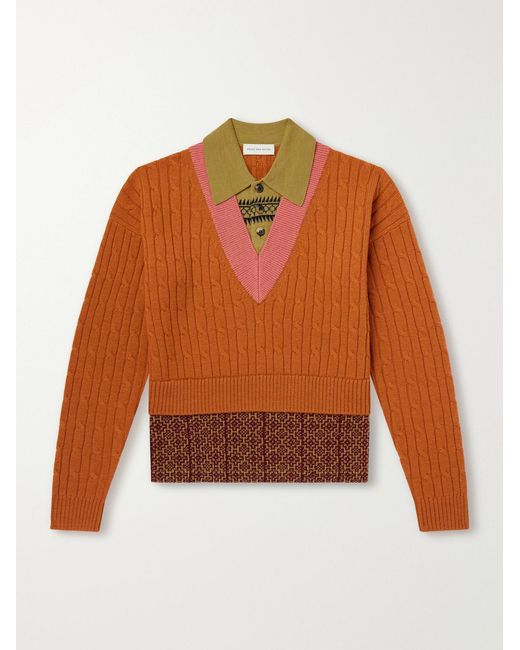 Dries Van Noten Orange Jacquard-trimmed Cable-knit Wool And Cotton-blend Sweater for men