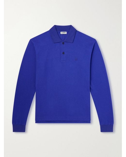 Jil Sander Blue Logo-Embroidered Cotton-Piqué Polo Shirt for men