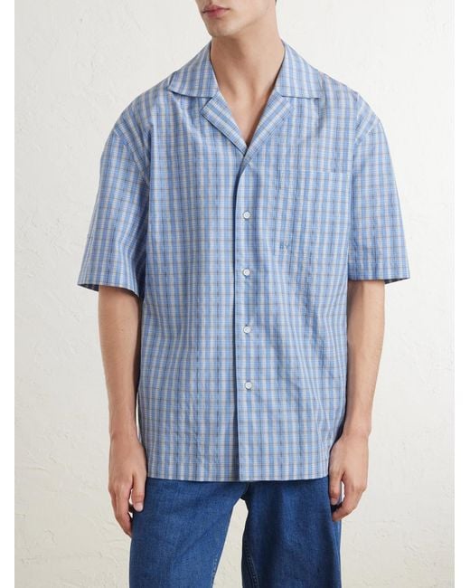 Bottega Veneta Blue Camp-collar Logo-embroidered Checked Cotton And Silk-blend Shirt for men