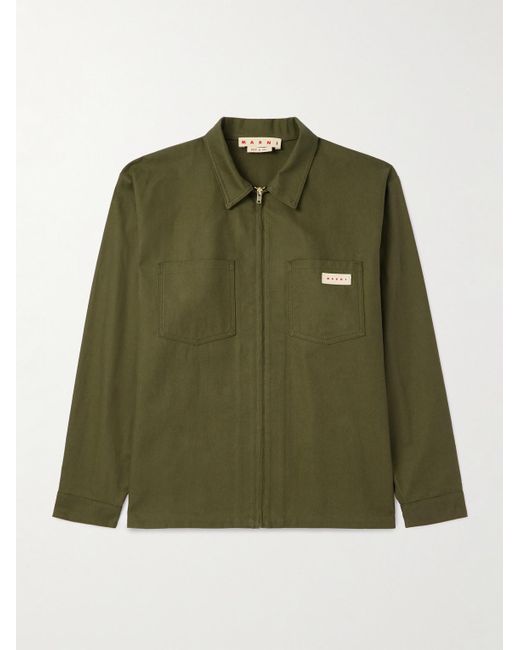 Marni Green Logo-appliquéd Cotton-blend Gabardine Overshirt for men