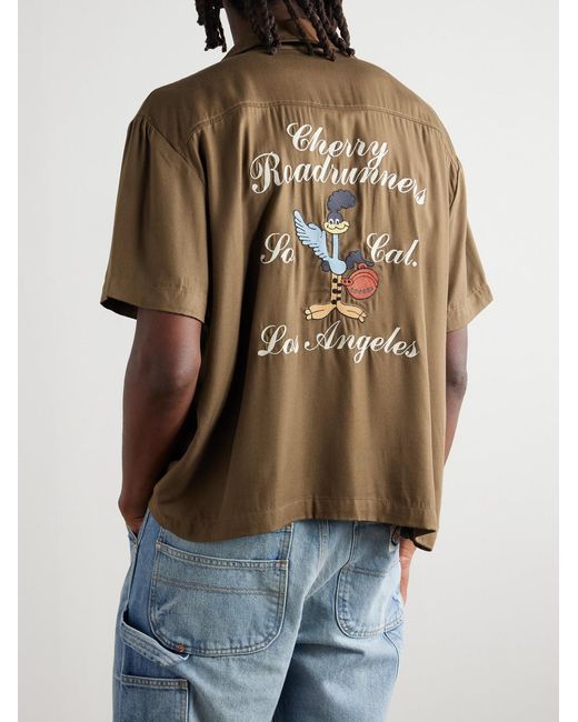 Roadrunner Camp-Collar Embroidered Tencel-Twill Shirt di CHERRY LA in Natural da Uomo