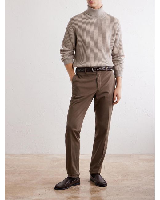 Slowear Brown Straight-Leg Stretch-Cotton Gabardine Trousers for men