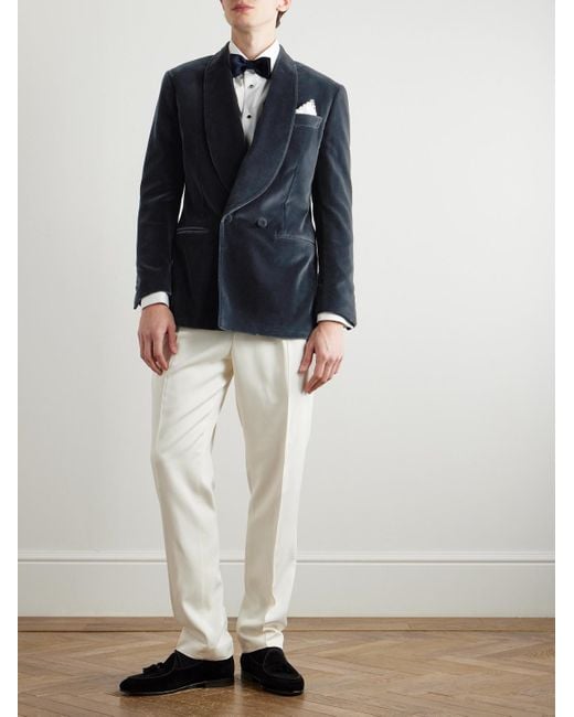 Thom Sweeney Blue Shawl-Lapel Double-Breasted Cotton-Velvet Tuxedo Jacket for men