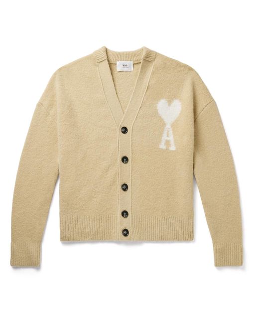 Ami Paris Logo-intarsia Alpaca-blend Cardigan in Natural for Men | Lyst