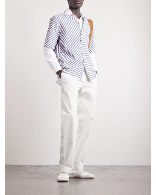 Officine Generale Blue Eren Camp-Collar Striped Cotton Shirt for men