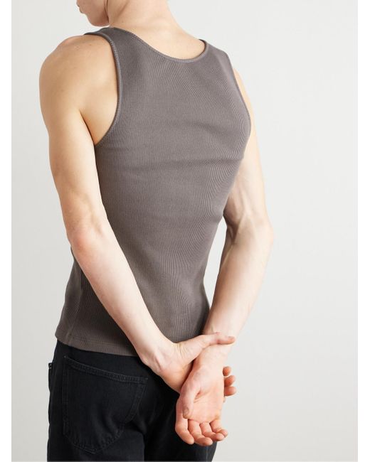 Saint Laurent Gray Logo-Embroidered Ribbed Cotton Tank Top for men