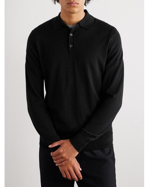 Mr P. Black Merino Wool Polo Shirt for men