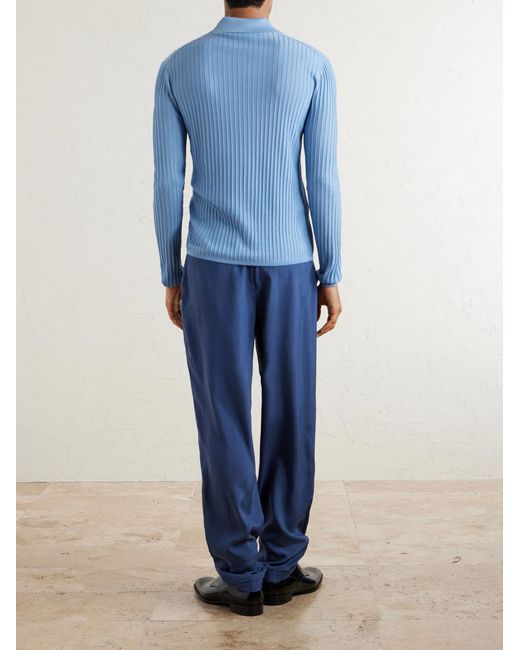 Saint Laurent Blue Slim-Fit Ribbed Wool, Cashmere And Silk-Blend Polo Shirt for men