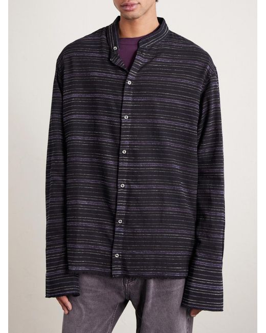 424 Blue Hoorsenbuhs Embroidered Striped Cotton-Blend Flannel Shirt for men