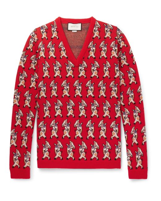 Gucci Red Dancing Pig-intarsia Wool Sweater for men