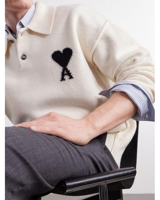 AMI Natural Logo-Intarsia Wool Polo Sweater for men