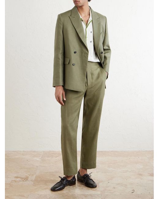 Bode Green Linen Double-Breasted Blazer for men