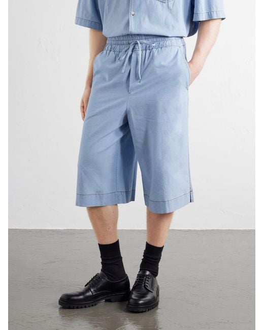 AMI Blue Straight-Leg Logo-Embroidred Cotton-Chambray Shorts for men