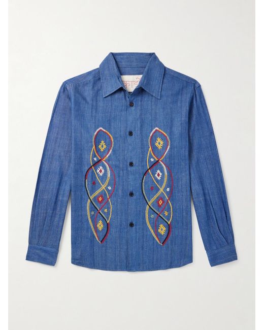 Kardo Blue Luis Embroidered Cotton-Chambray Shirt for men