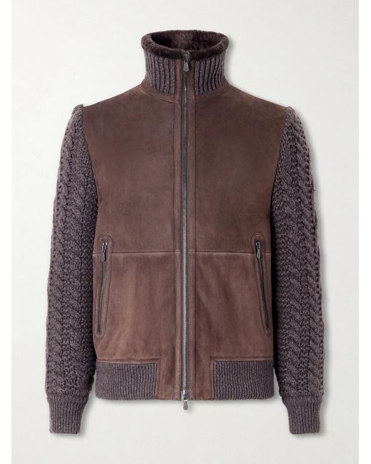 Brunello Cucinelli Brown Shearling And Cable-knit Cashmere Jacket for men