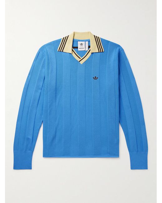 Adidas Originals Blue Wales Bonner Logo-embroidered Recycled Ribbed-knit Polo Shirt for men