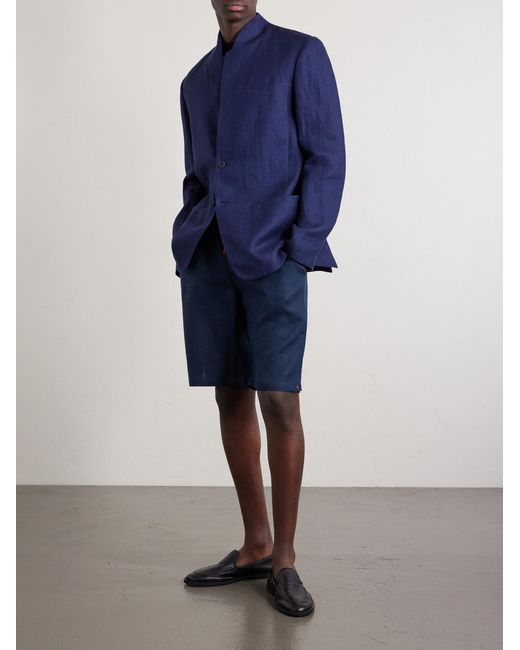 Kiton Blue Drawstring Linen Straight-Leg Shorts for men