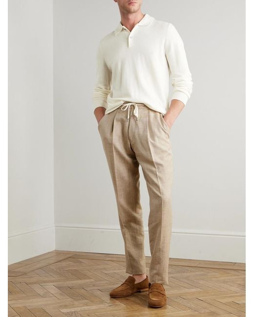 Mr P. Natural Straight-Leg Pleated Wool, Silk And Linen-Blend Drawstring Trousers for men