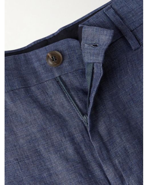 Canali Blue Slim-fit Pleated Slub Linen Trousers for men