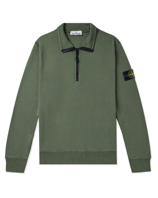 Stone Island Green Logo-appliquéd Garment-dyed Cotton-jersey Half-zip Sweatshirt for men