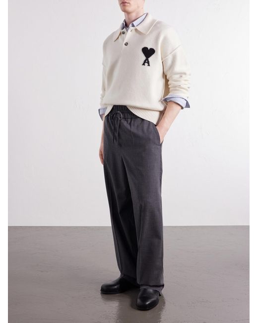 AMI Natural Logo-Intarsia Wool Polo Sweater for men