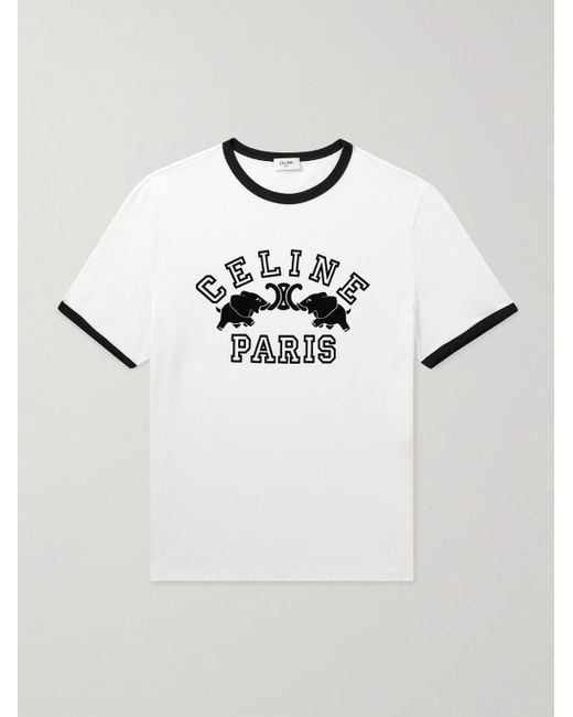 Céline White Slim-Fit Logo-Flocked Cotton-Jersey T-Shirt for men