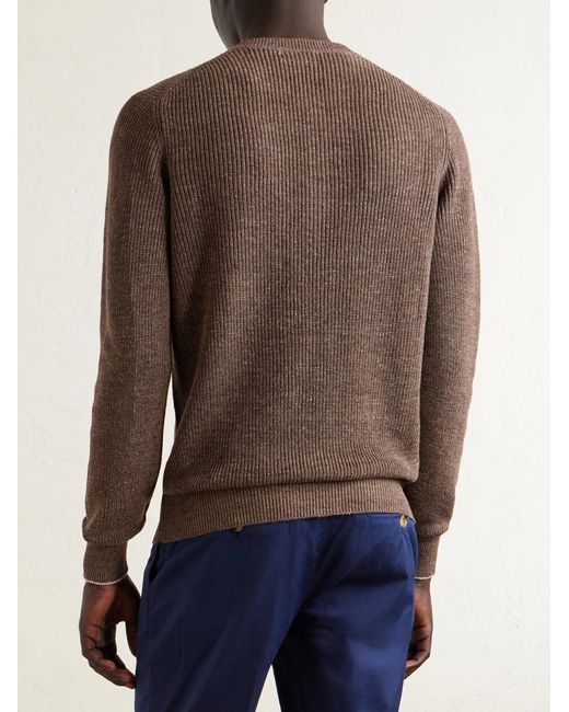 Brunello Cucinelli Brown Ribbed Linen And Cotton-blend Henley Sweater for men