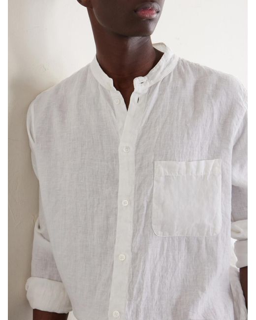 Blue Blue Japan White Grandad-Collar Linen Shirt for men