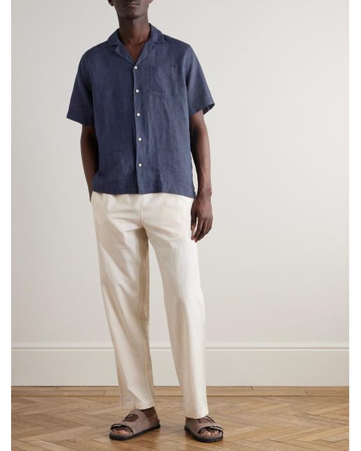 Frescobol Carioca Blue Angelo Camp-Collar Linen Shirt for men