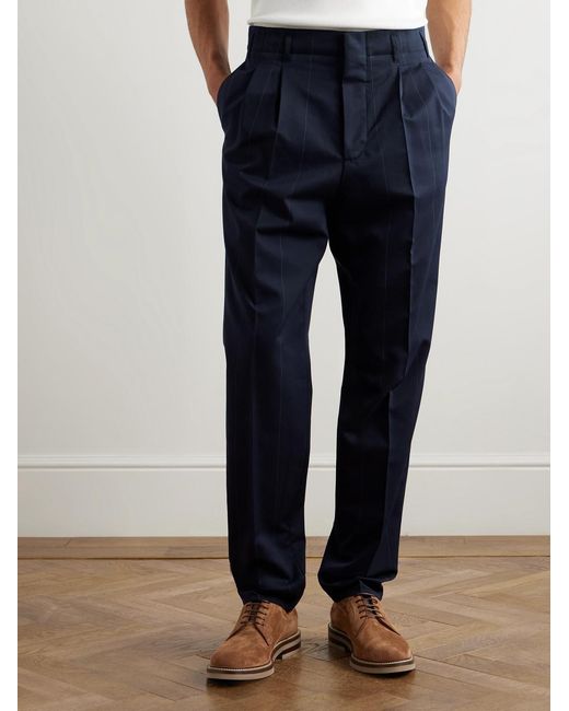 Brunello Cucinelli Blue Tapered Pleated Pinstriped Wool And Cotton-blend Trousers for men