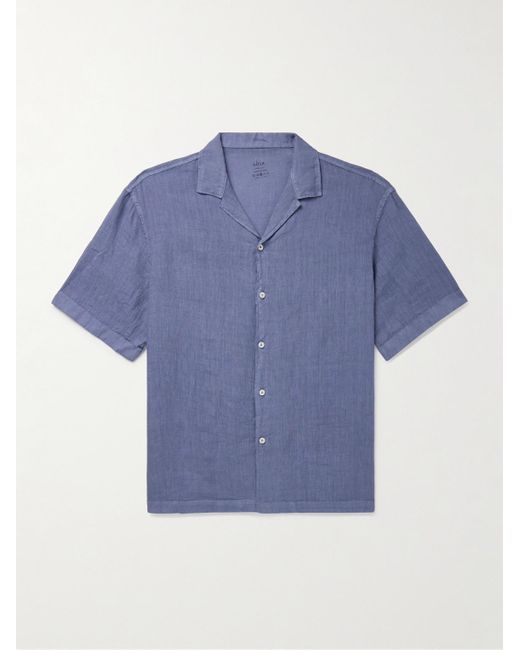 Altea Blue Bart Camp-collar Garment-dyed Linen Shirt for men