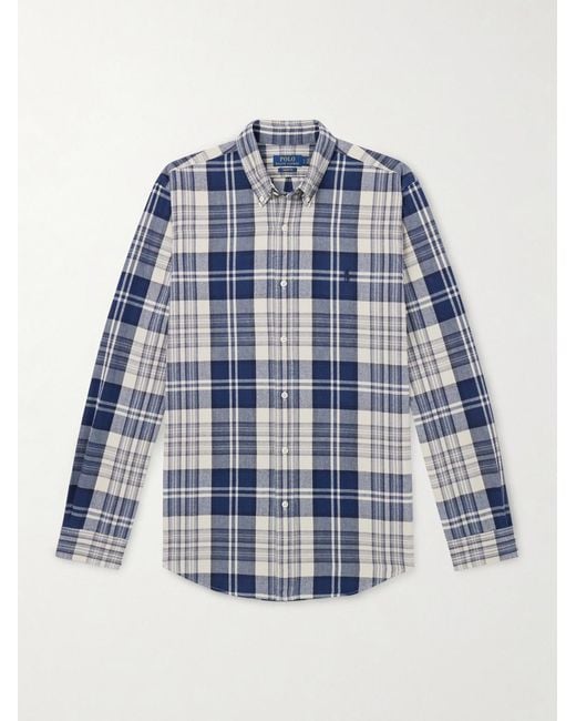 Polo Ralph Lauren Blue Button-Down Collar Logo-Embroidered Checked Cotton Oxford Shirt for men