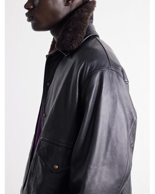 A.PRESSE Black Shearling-Trimmed Leather Jacket for men