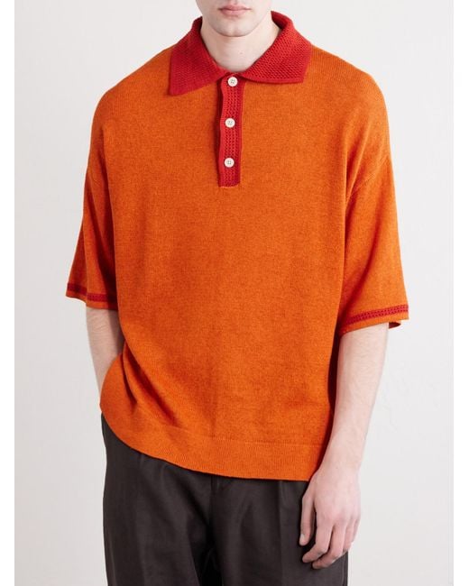 A Kind Of Guise Orange Open-knit Organic Cotton And Linen-blend Polo Shirt for men