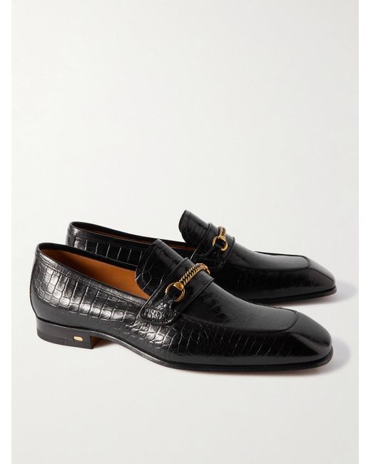 Tom Ford Black Bailey Embellished Croc-effect Leather Loafers for men