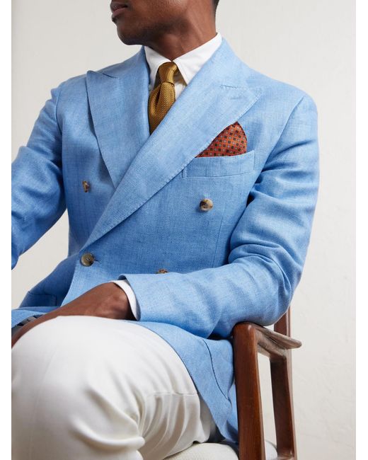 De Petrillo Orange Printed Silk-Twill Pocket Square for men