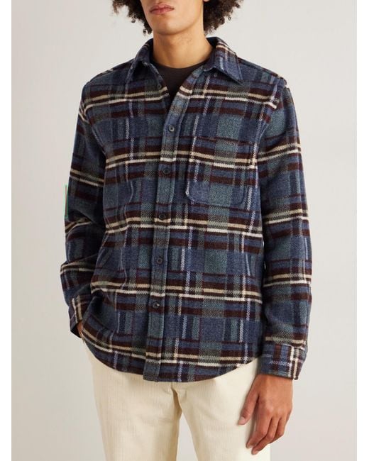 Portuguese Flannel Blue Virgo Ii Checked Merino Wool Overshirt for men