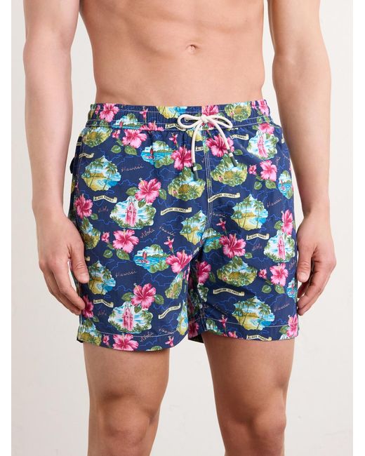 Hartford Blue Straight-Leg Mid-Length Printed Swim Shorts for men